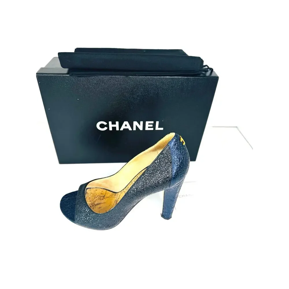 Chanel 2012 Metallic Navy CC Logo Embossed Peep Toe Heels EU 36